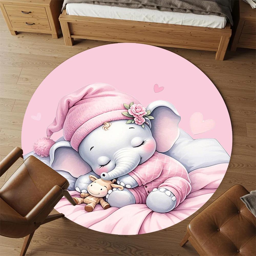1PC Elephant Pink Cute Round Chair Mat Area Rug - Non-Slip, Floor Mat for Office, Bedroom, Home Decor Christmas Gift C0528006