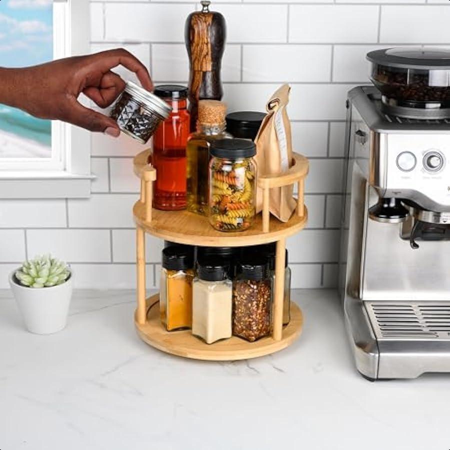 

Деревянная вращающаяся подставка для специй 2-ярусная, вращающийся на 360 градусов органайзер-подставка для кухни, столешницы, кладовой United States