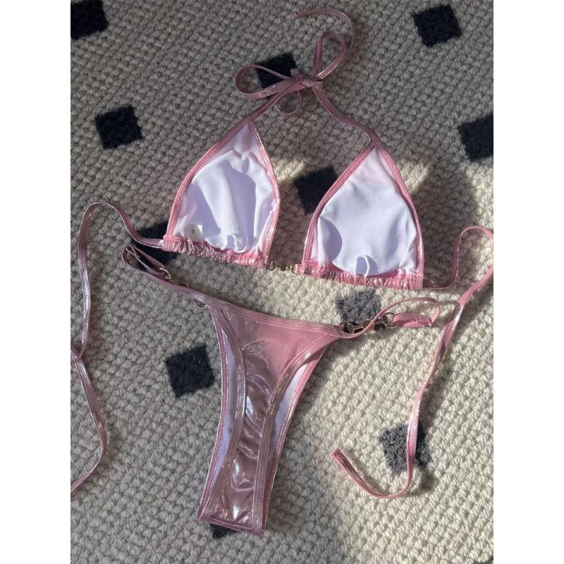 Shiny Pink Micro Bikini 2025 Mujer Women Sexy PU Pearls Push Up Thong Swimsuit Summer Bathing Suit Bandage Holiday Swimwear