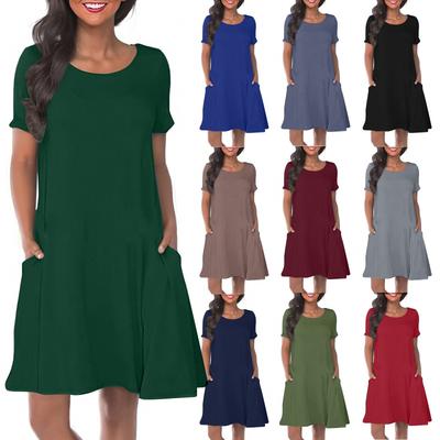 Women's Solid Color Round Neck Solid Color Casual Pocket Short Sleeve Swing Dress