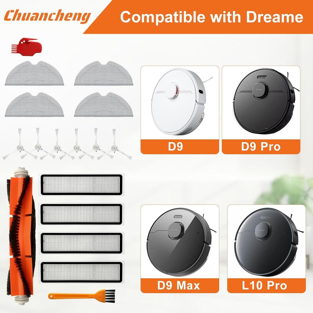 Accessories Kit for Dreame D9, D9 Max, D9 Pro, L10, L10 Pro Vacuum Cleaner Parts, Include 1 Main Brush, 6 Side Brush, 4 Filters, 4 Mop Cloth, 2
