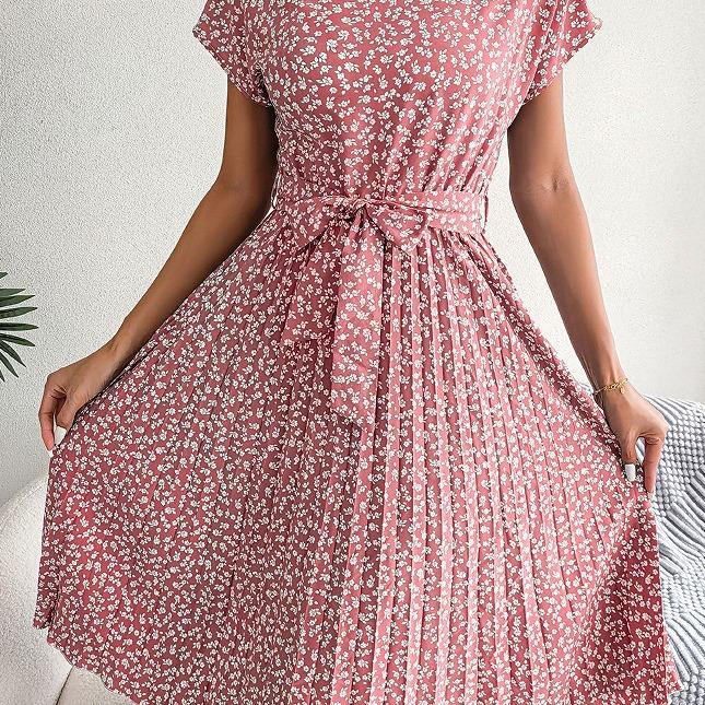 2025 Geblümter Plissee-Rock mit kurzen Ärmeln - Frühling/Sommer Europäischer & Amerikanischer Stil