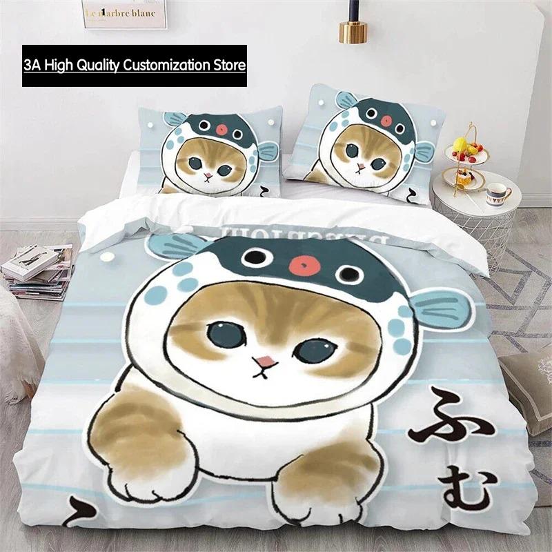 

Cute Kitten Duvet Cover Pillow Case Mofusand Anime Shark Cat Bedding Set Single Double Queen Size Teen Gift Room Decor 3Pcs Set AU King(245*210cm)3pcs
