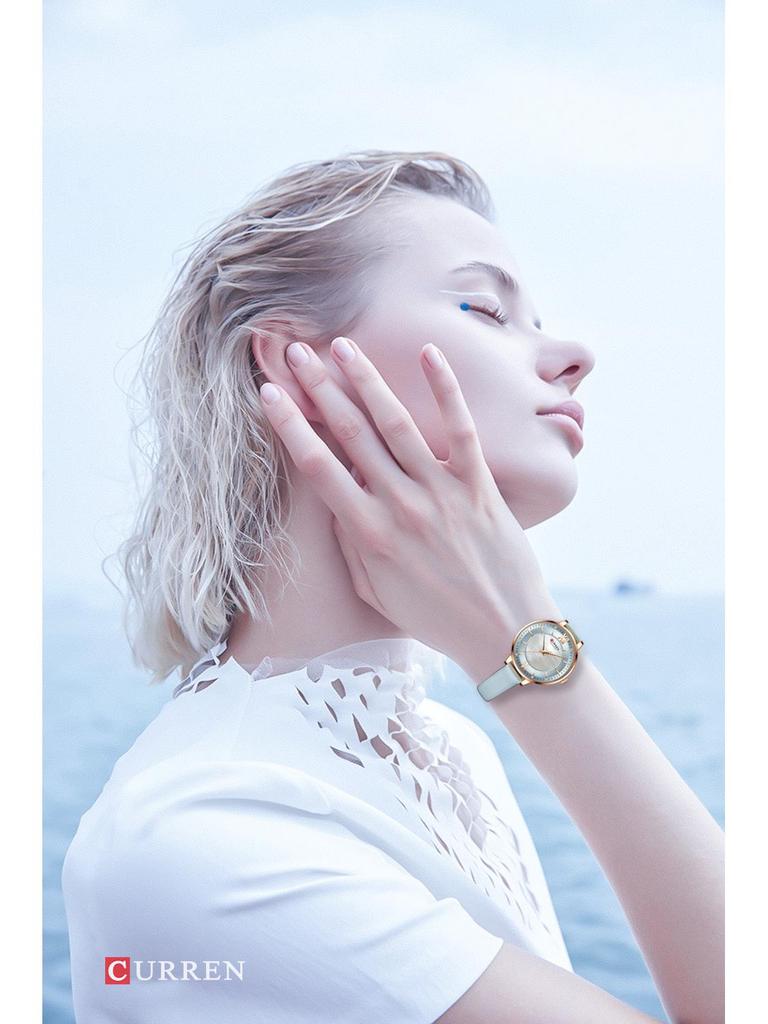 CURREN 9080 Damen Ultraflache Perlmutt Zifferblatt Wasserdichte Uhr mit Lederarmband