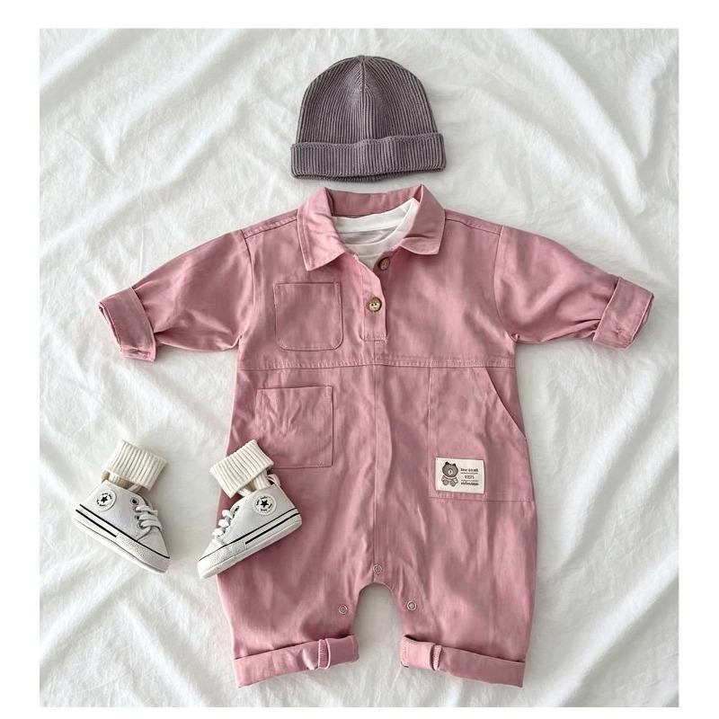 Infant Baby Pink Korean Style Workwear Long Sleeve One Piece Romper Outfit