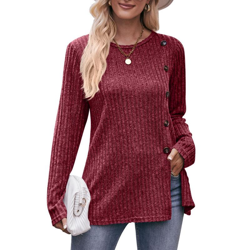 Women's Autumn Button Fashion Solid Color Long-sleeved T-shirt