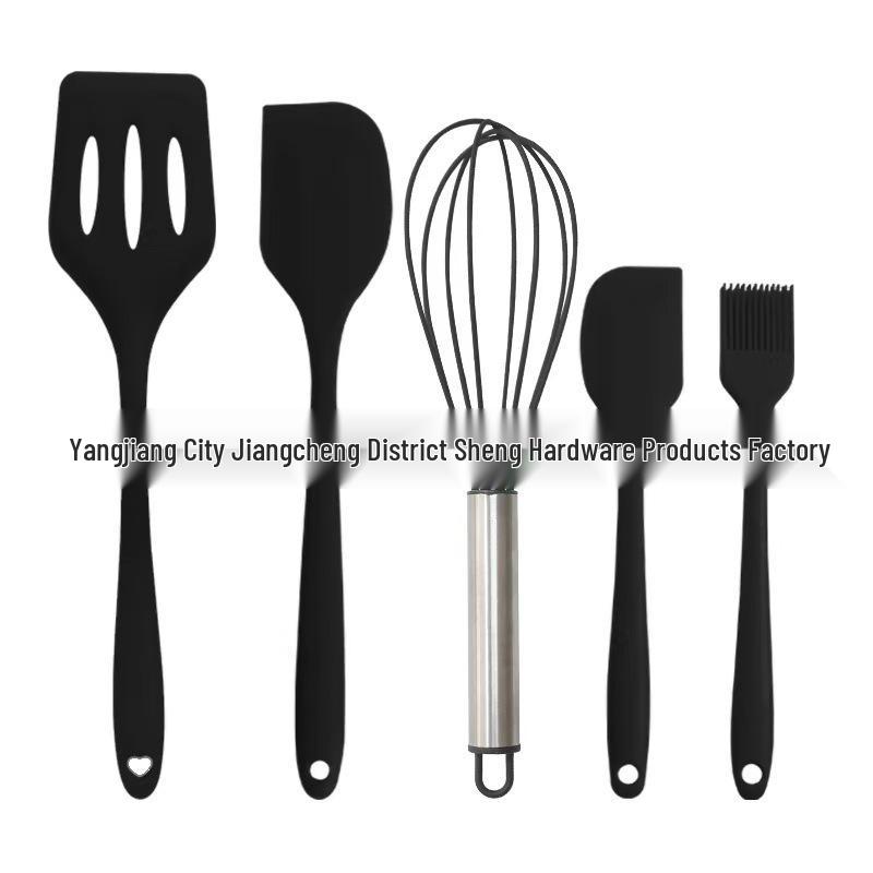 Set de 5 ustensile de bucătărie din silicon: Spatulă, Pensulă de ulei, Tel și Lingură de gătit