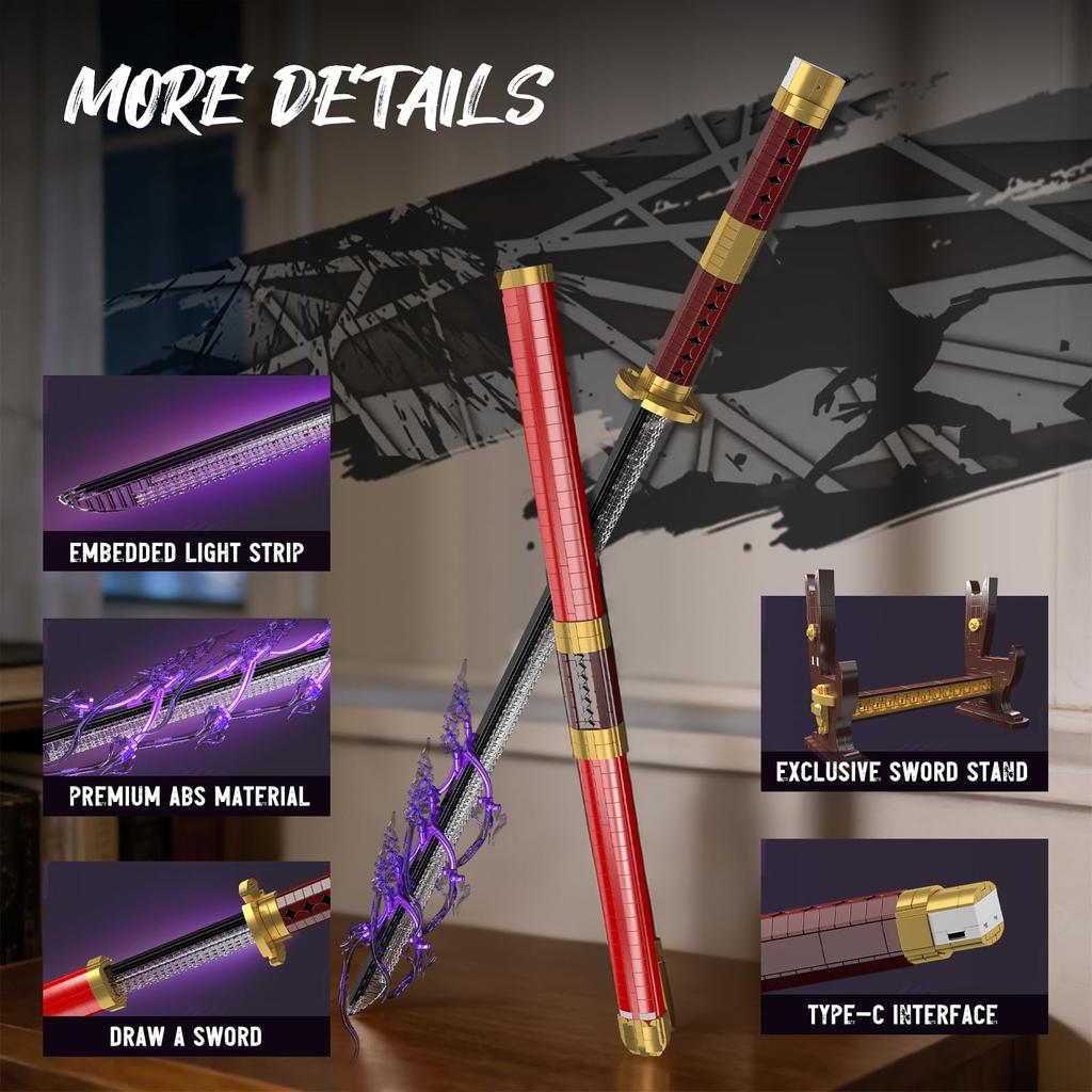 Mould King 10259 ZORO Sword Building Blocks MOC Anime Cosplay with Scabbard and Toy Set 1832 Set, Light-Up Sword, Stand, Youth/Adult/Collector (Over