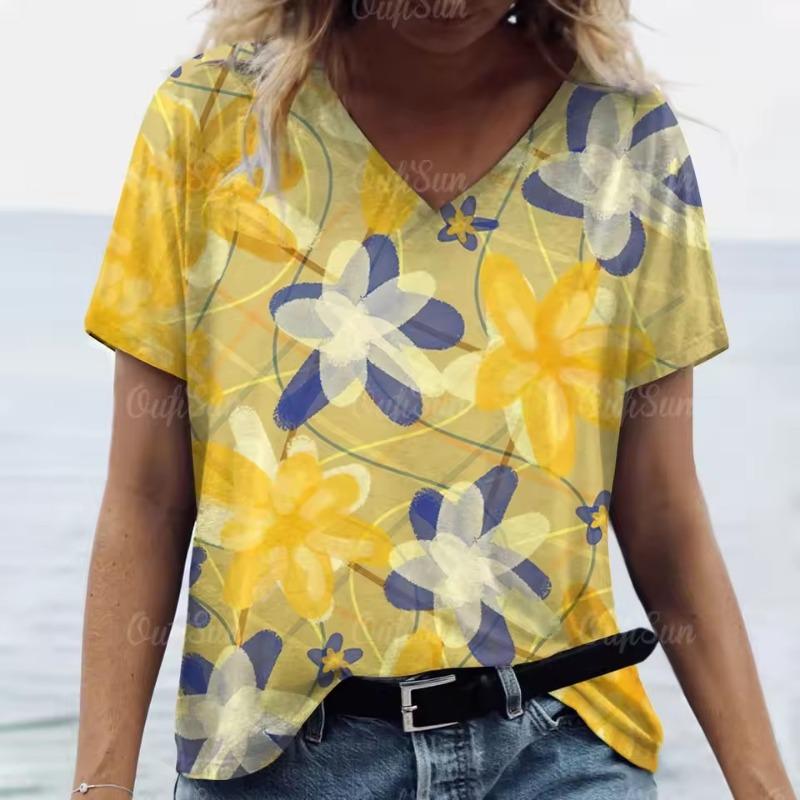 

Новая футболка с цветочным принтом для женщин, летние повседневные футболки с V-образным вырезом и коротким рукавом, женская свободная уличная модная повседневная одежда, топы, женские топы больших размеров 6XL