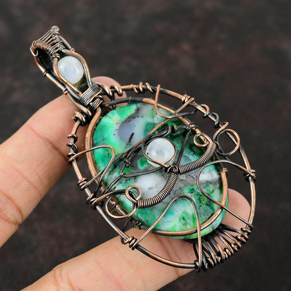 Evil Eye Green Dendrite Opal Pendant Copper Wire Wrapped Pendant Handmade Pendant Gemstone Jewelry Moonstone Pendant Evil Eye Wire Jewelry