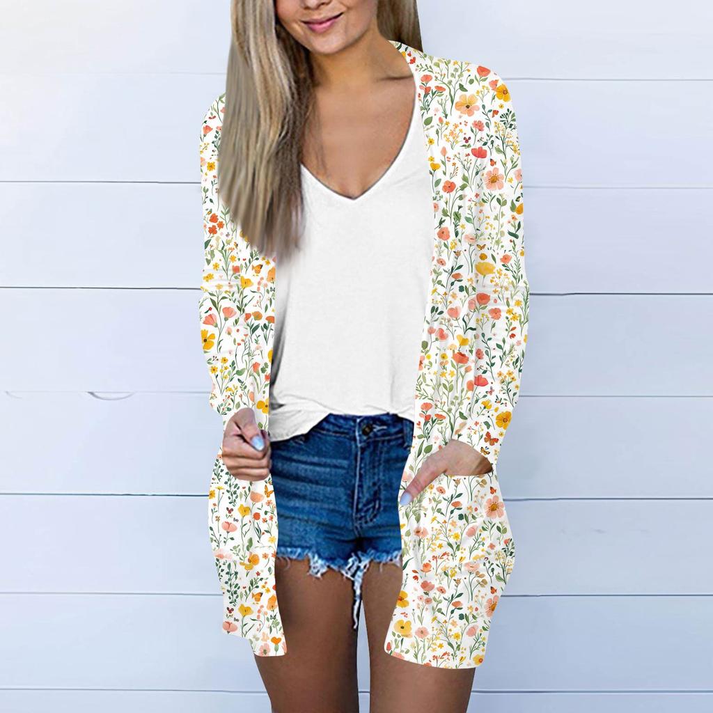 Women's Casual Fashion Floral Print Long Sleeve Mid-Length Cardigan Jacket