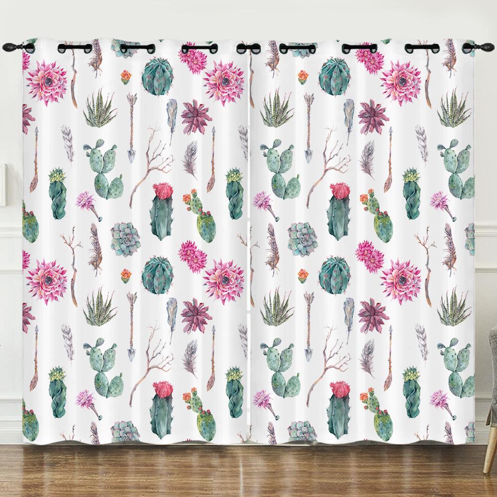 Curtains Fresh Green Plants Hand-Painted Cactus 3D Digital Printing Blackout Curtain Punching