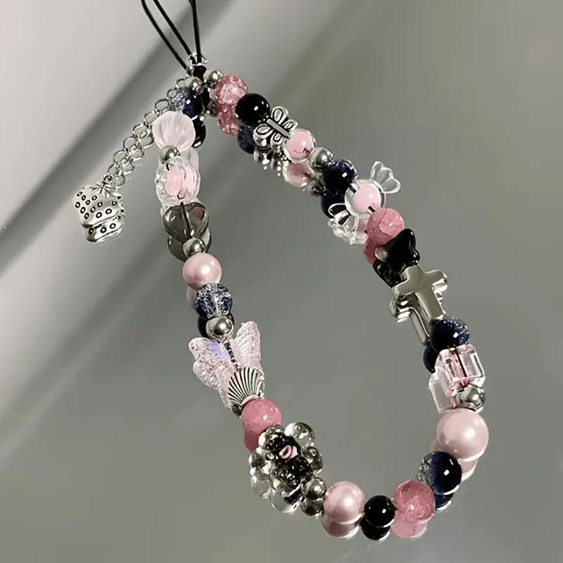 

Decorative Pendant for Mobile Phones Featuring a Pink Butterfly Cross Design with Strawberry Acrylic Beads on a Lanyard Charm Beaded Strawberry Pendant Phone Chain