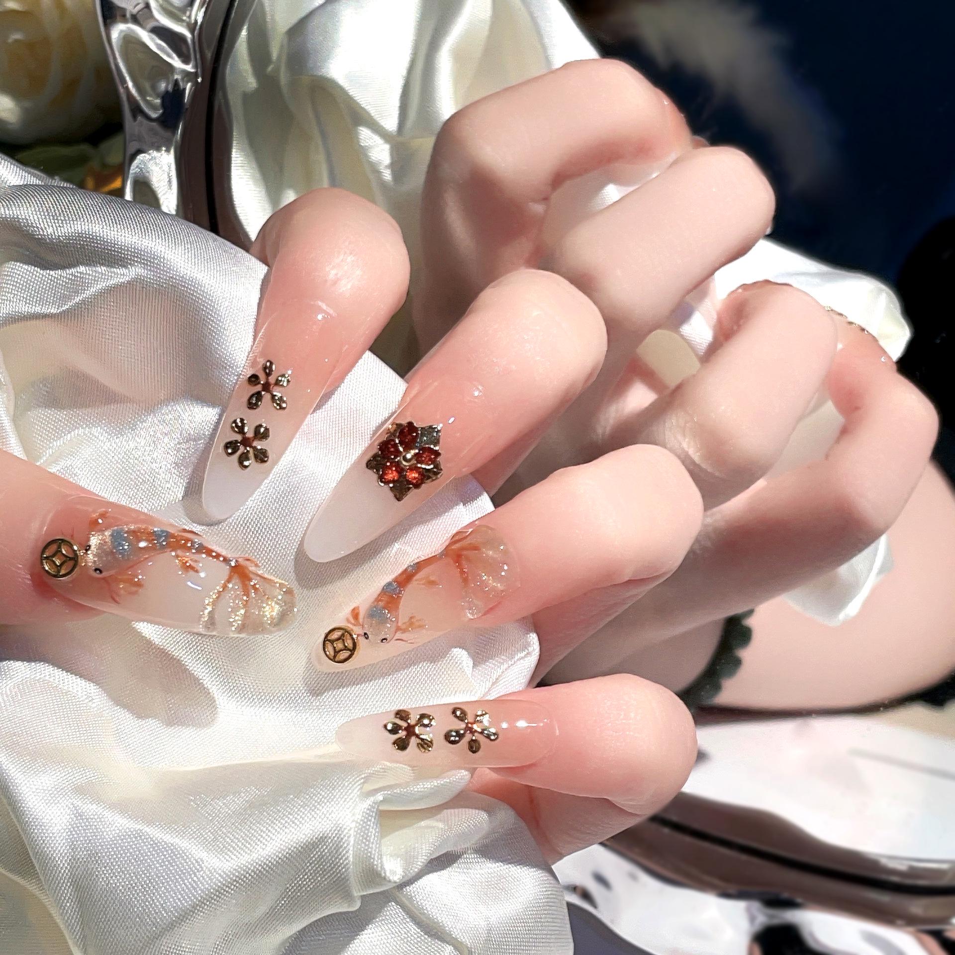 Elegant 2025 New Year 3D Koi Fish & Floral Hand-Painted Wearable Nail Art Small