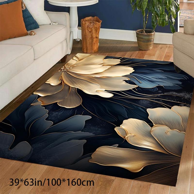 Diamond Velvet Mat Anti Slip Point Plastic Backing Nordic 3D Floral Dark Blue Golden Large Area Mat Living Room Bedroom Office