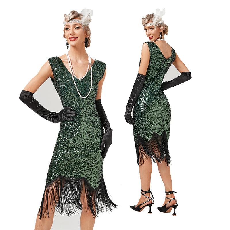 Vintage Sequin Dress Gatsby Ball Fringed Dress Party Banquet Dress Beaded Dress