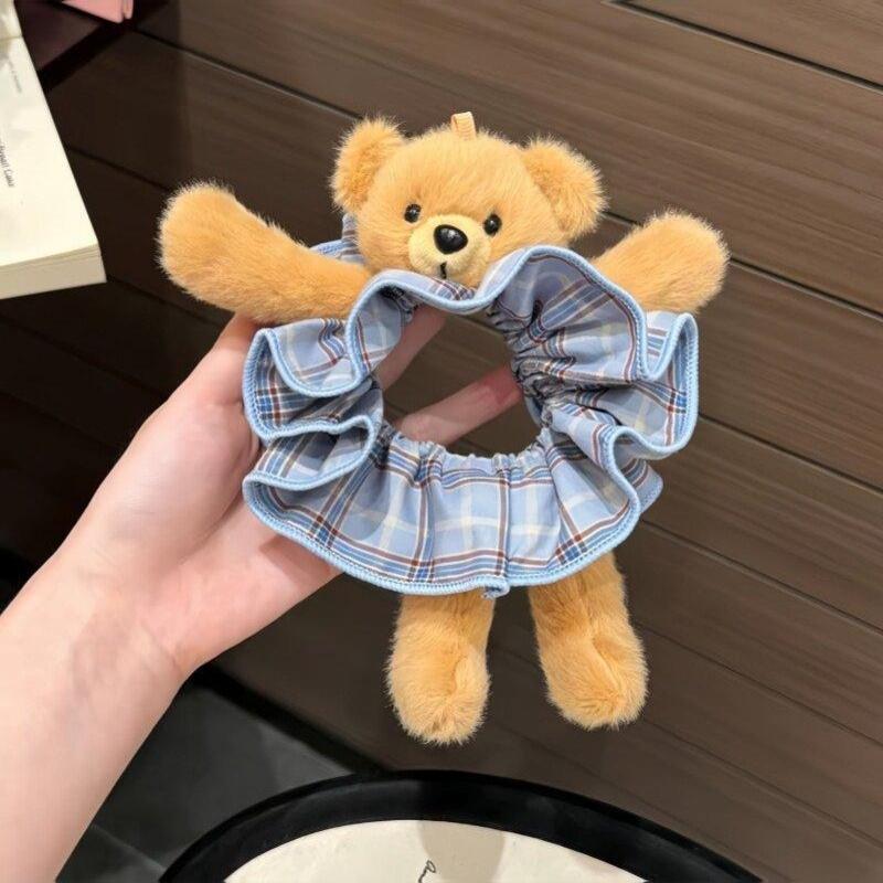 Women Plush Bear Plaid Large Intestine Headband Sweet Cute Funny Fashionable Headband Versatile Harajuku Hair Accessories
