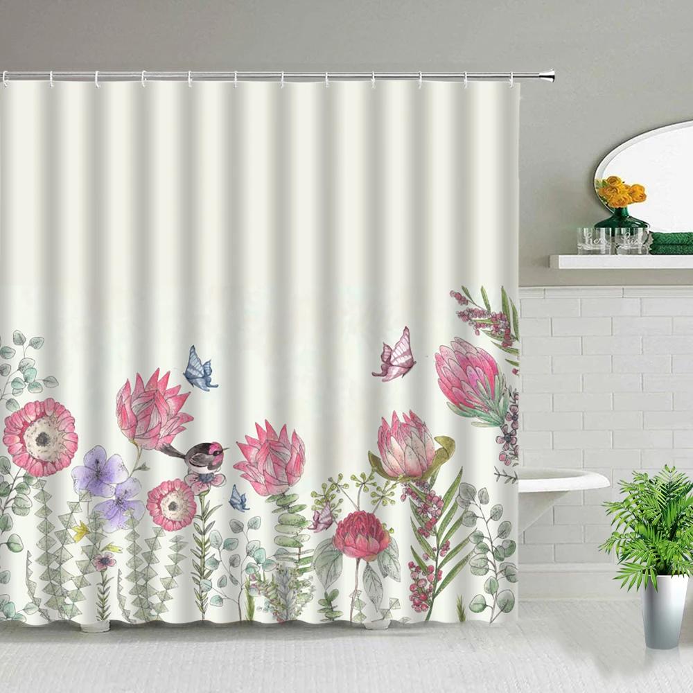 Sunflower Flower Wood Grain Plant Scenery Bathroom Shower Curtain Cactus Butterfly Bee Floral Landscape Bath Curtains With Hooks