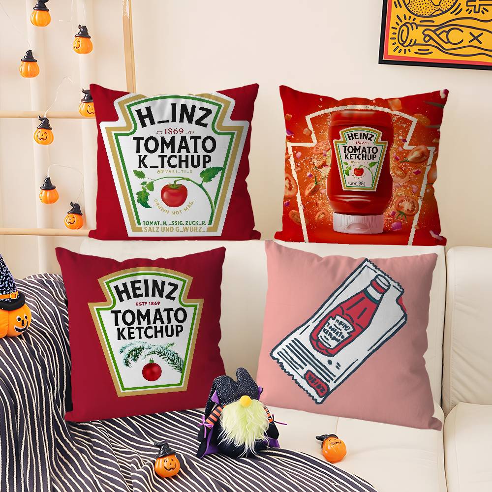 Funny H-heinzS Ketchup Label Pillow Case Soft Plush Fabric Double Sided Print Decorative Home Living Room Gift Cushion