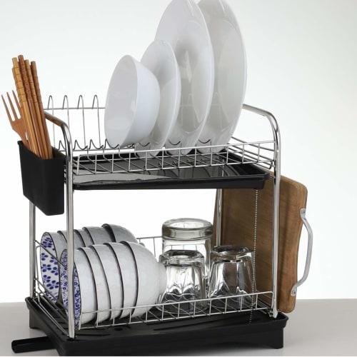 Leimish Two-Tier Dish Drainer, Stainless Steel, Rust-Proof, Automatic Drainage, Dish Drainer, Dish Holder, Chopstick Holder, Large Capacity, Kitchen S