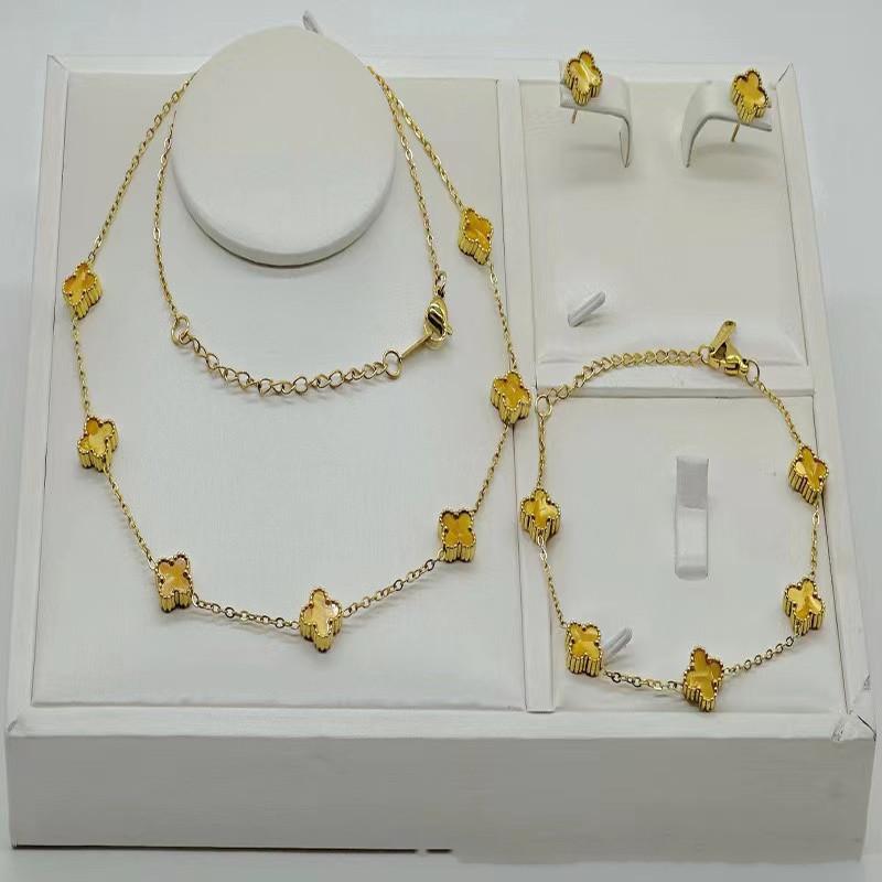 

3 шт. 9 мм невыцветающий клевер ожерелье, браслет, серьги комплект, высококачественный комплект ювелирных изделий 18K золотой
