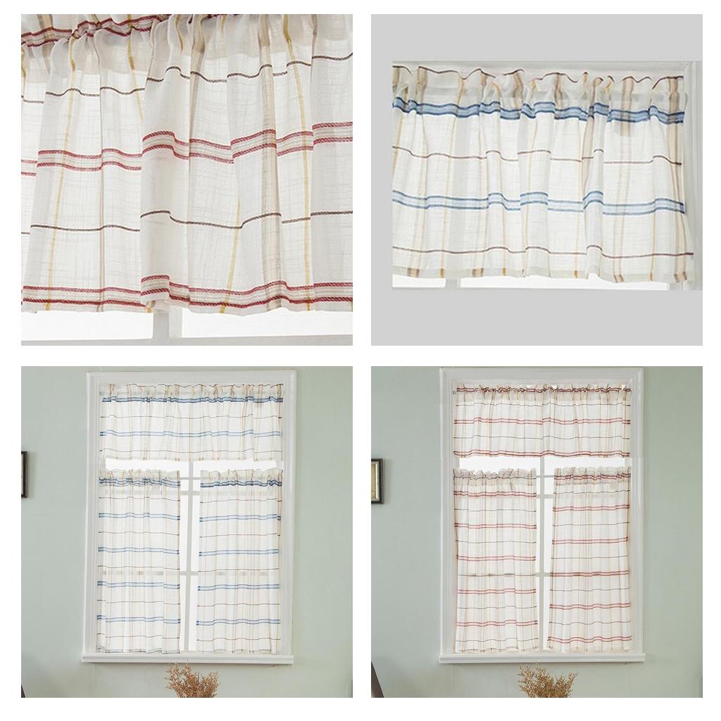Checked Linen Window Tiers Kitchen Cafe Half Curtains Valance Decoration
