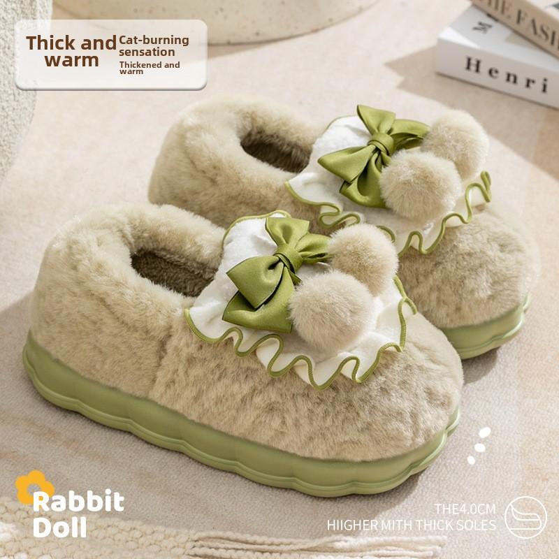 Fashion Fashion Cute Pretty Bow Women Slippers Indoor Winter Soft Sole Exquisite Warm Graceful Causal Quality Comfy Flat Cotton Slippers