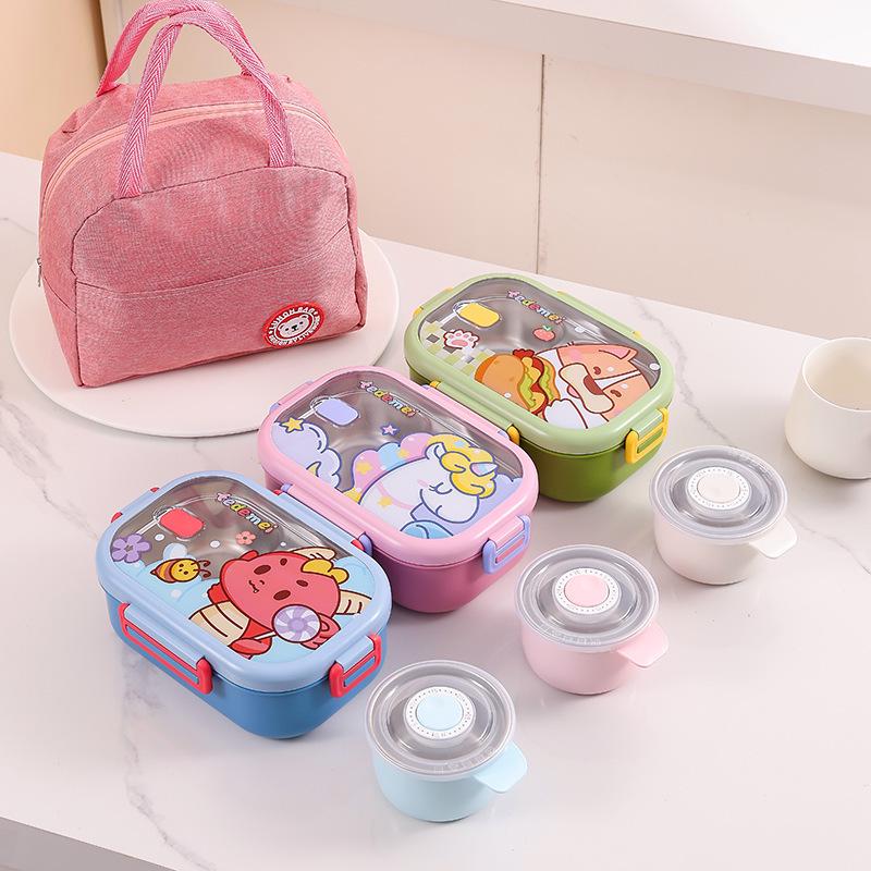 Kids' Cartoon Insulated Bento Box with Cutlery, Dual-Compartment, Food-Grade 304 Stainless Steel