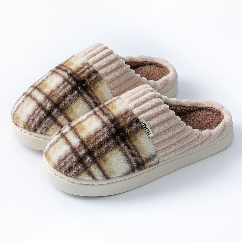Fashion home cotton slippers women's autumn and winter new non-slip velvet warm colored striped cotton slippers