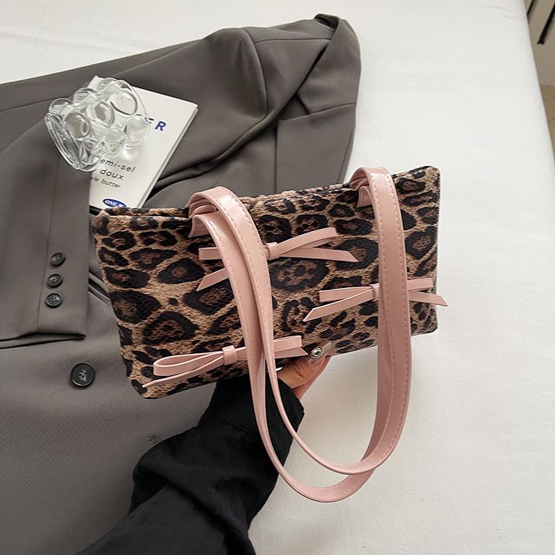Fashion Bow Underarm Bag for Women PU Leather Leopard Versatile Commuting Handbags Lady Tote One Shoulder Bags