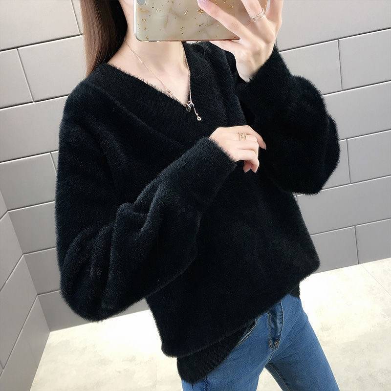Norkový fleecový svetr Dámské oblečení na podzim a zimu 2023 Nový svetr s volným výstřihem do V a dlouhým rukávem Pletený svetr