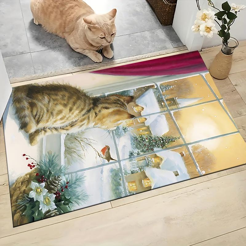 Cat Snowy Scene Carpet Rug Soft Washable Anti Slip Home Living Room Sofa Mats Personalized Christmas Rug