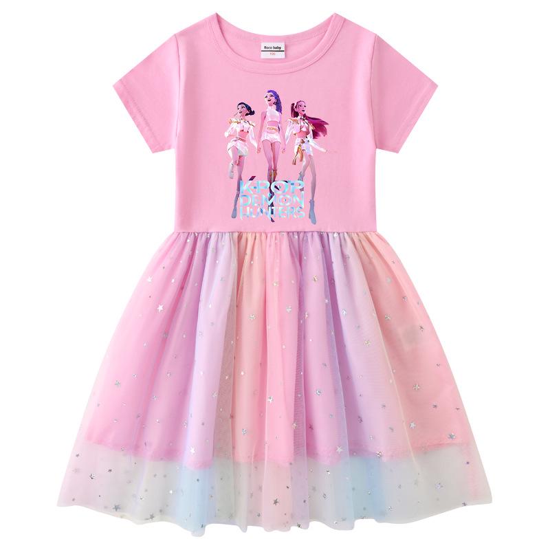 Vestito Corto a Maniche Corte Kpop Demon Slayer con Paillettes Arcobaleno e Rete – Primavera, Estate, Autunno