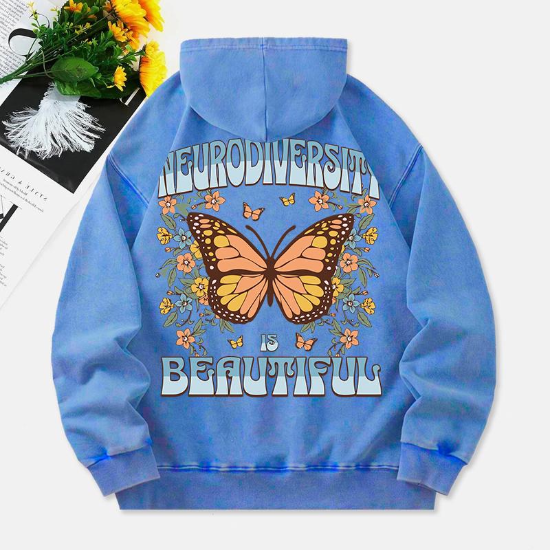 Neurodiversity Is Beautiful Washed Hoodies Women Butterfly Print Cotton Tops Pocket Oversize Warm Clothes