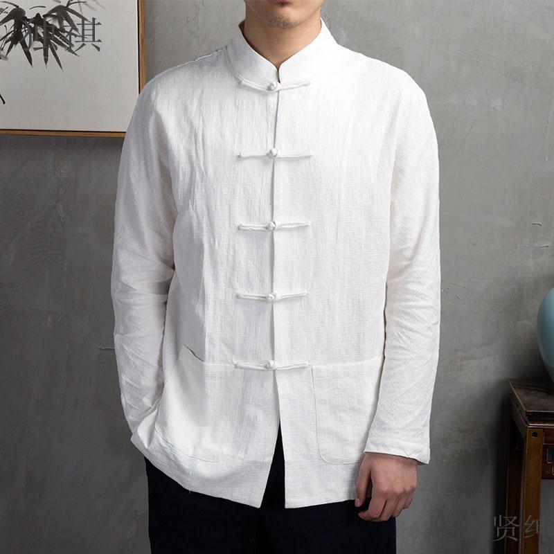 Long Sleeve Cotton and Linen Top Chinese Men's Retro Shirt