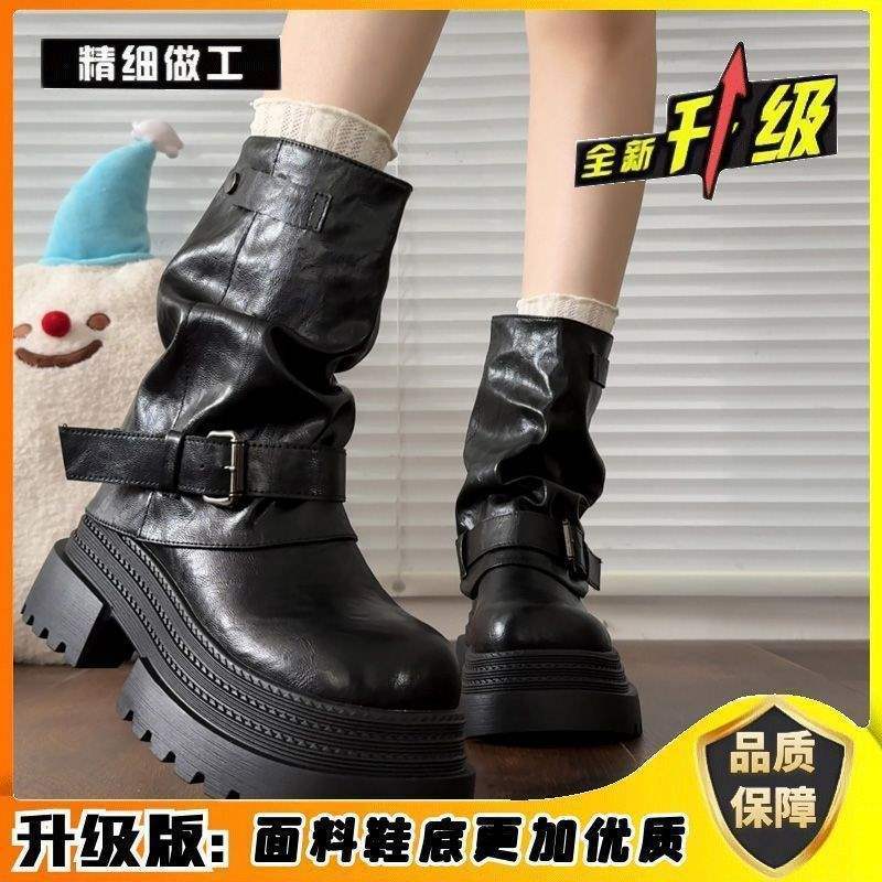 Thick-soled Maillard medium tube short boots for women 2025 new British style retro fashion pleated Martin boots autumn women
