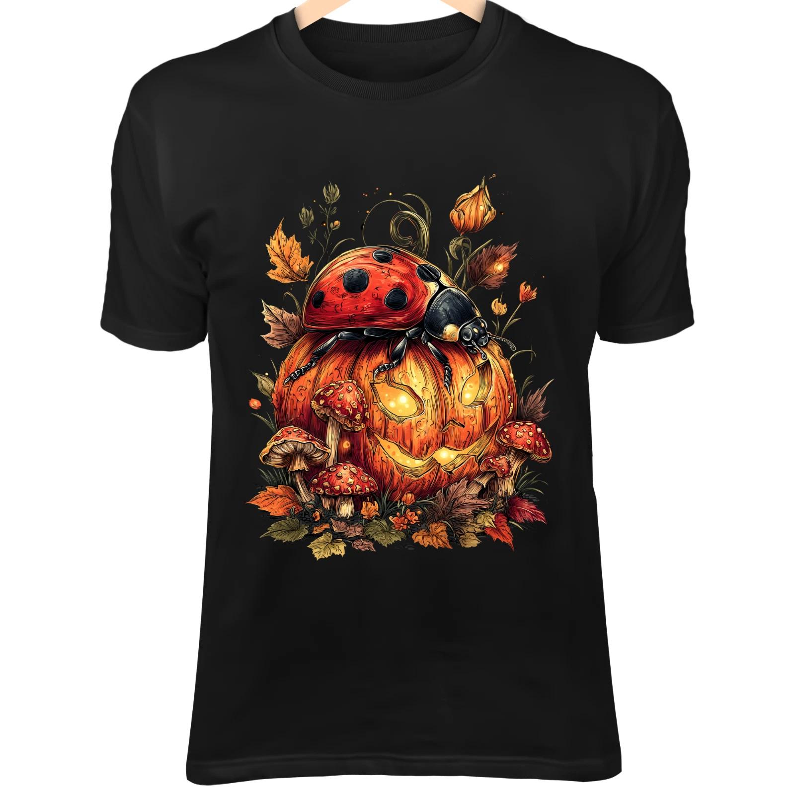 Cute Ladybug Pumpkin Art - Glowing Jack-o-Lantern, Mushrooms & Autumn Leaves 2XL