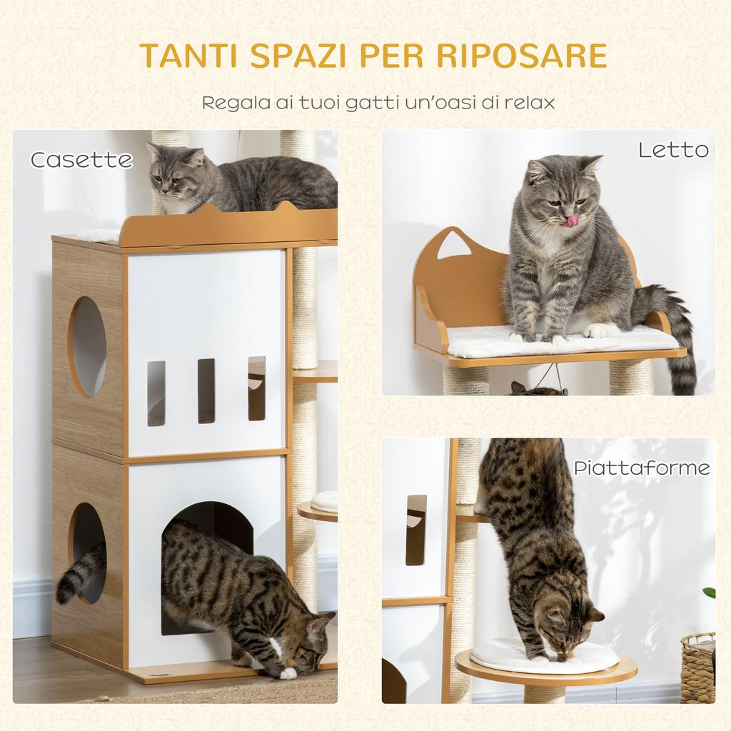 MDF Cat Tree with Cat Scratching Post, 2 Cat Houses, Perches and Play Ball, 60x48x133 cm
