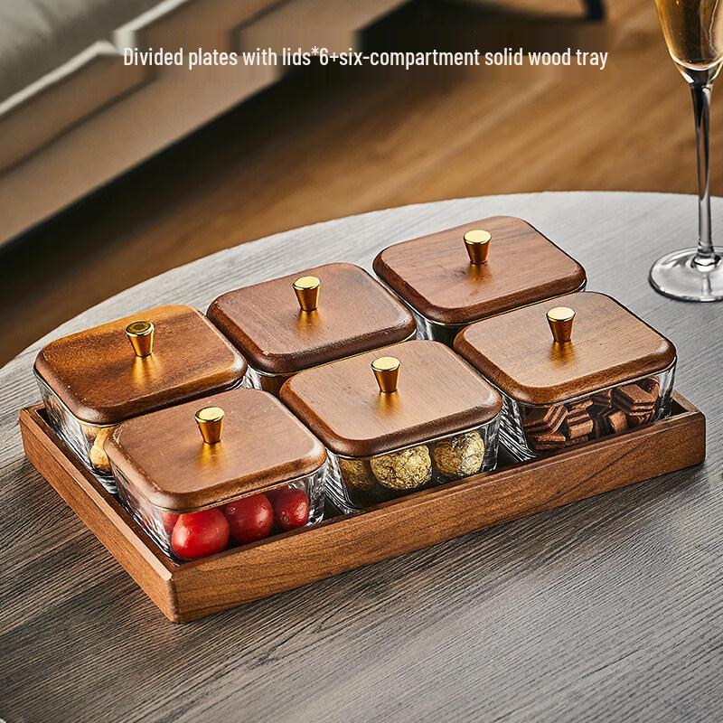 Six-Compartment Snack and Fruit Serving Platter with Wood Tray