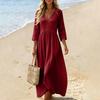 Women V Neck Three Quarter Sleeve Loose Fit Cotton Linen Dress with Pockets Casual Solid Midi Length Comfortable Style