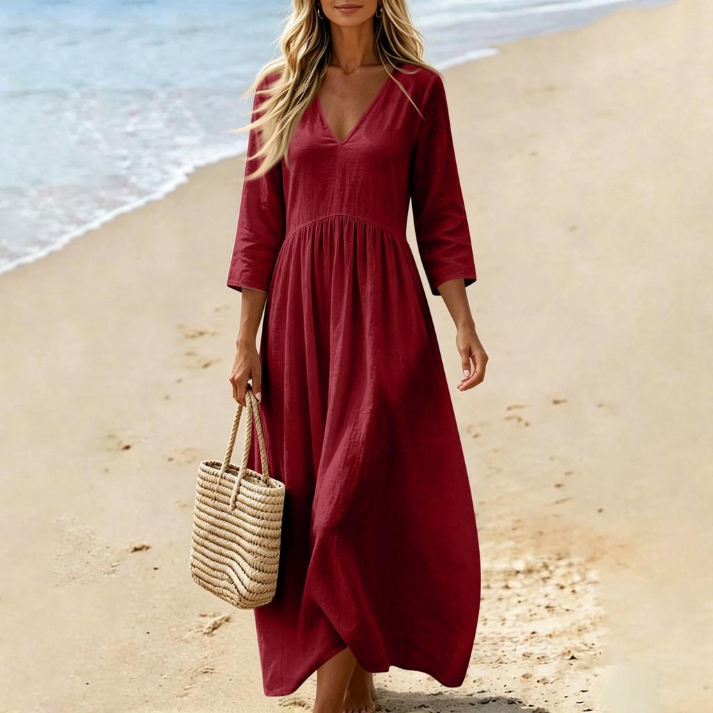 Women V Neck Three Quarter Sleeve Loose Fit Cotton Linen Dress with Pockets Casual Solid Midi Length Comfortable Style