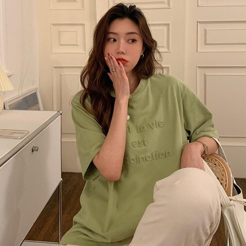 

Pull frame cotton spring and summer new D concave and convex three-dimensional letter short-sleeved t-shirt women M яблочный зеленый