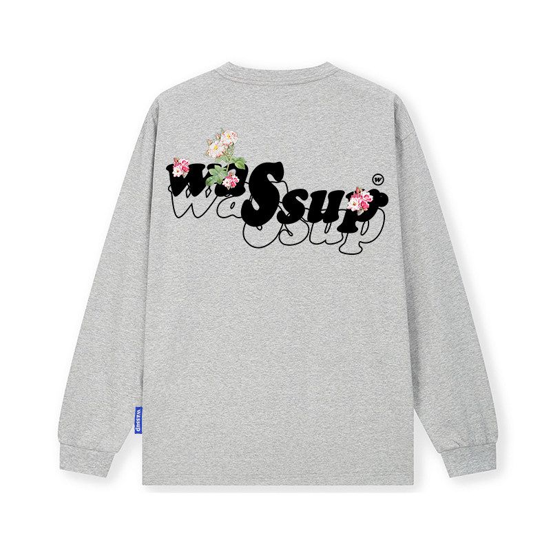 Wassup Floral Letter Heavyweight Trendy Brand Long-Sleeve T-Shirt for Men, Spring and Autumn 2025 New Style Couple's Base Layer Round Neck Top