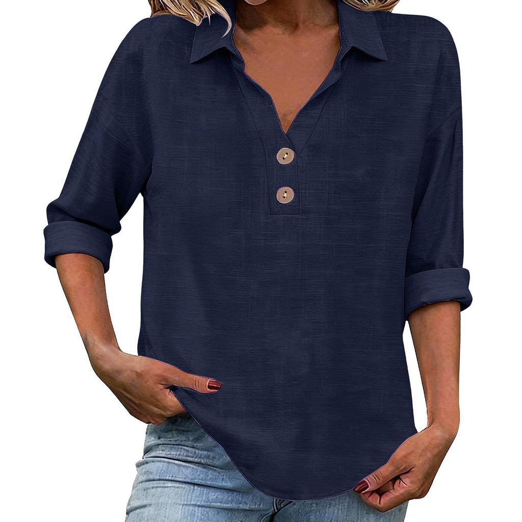 Women's Seven-Sleeve Cotton Linen Lapel Shirt - Solid Color, Casual, Breathable
