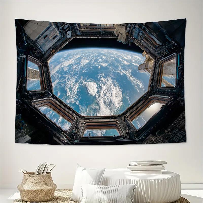 

Космическая станция Окно вида на Землю Небесная стена Гобелен Машинная стирка Всесезонный Декор Художественный принт Космический пейзаж Дизайн Дом 74x94cm(29x37in)