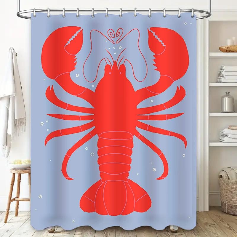 Blue Shower Curtain with Red Lobster Design for Bathroom Decor Waterproof Fabric Shower Panels Home Improvement Supplies