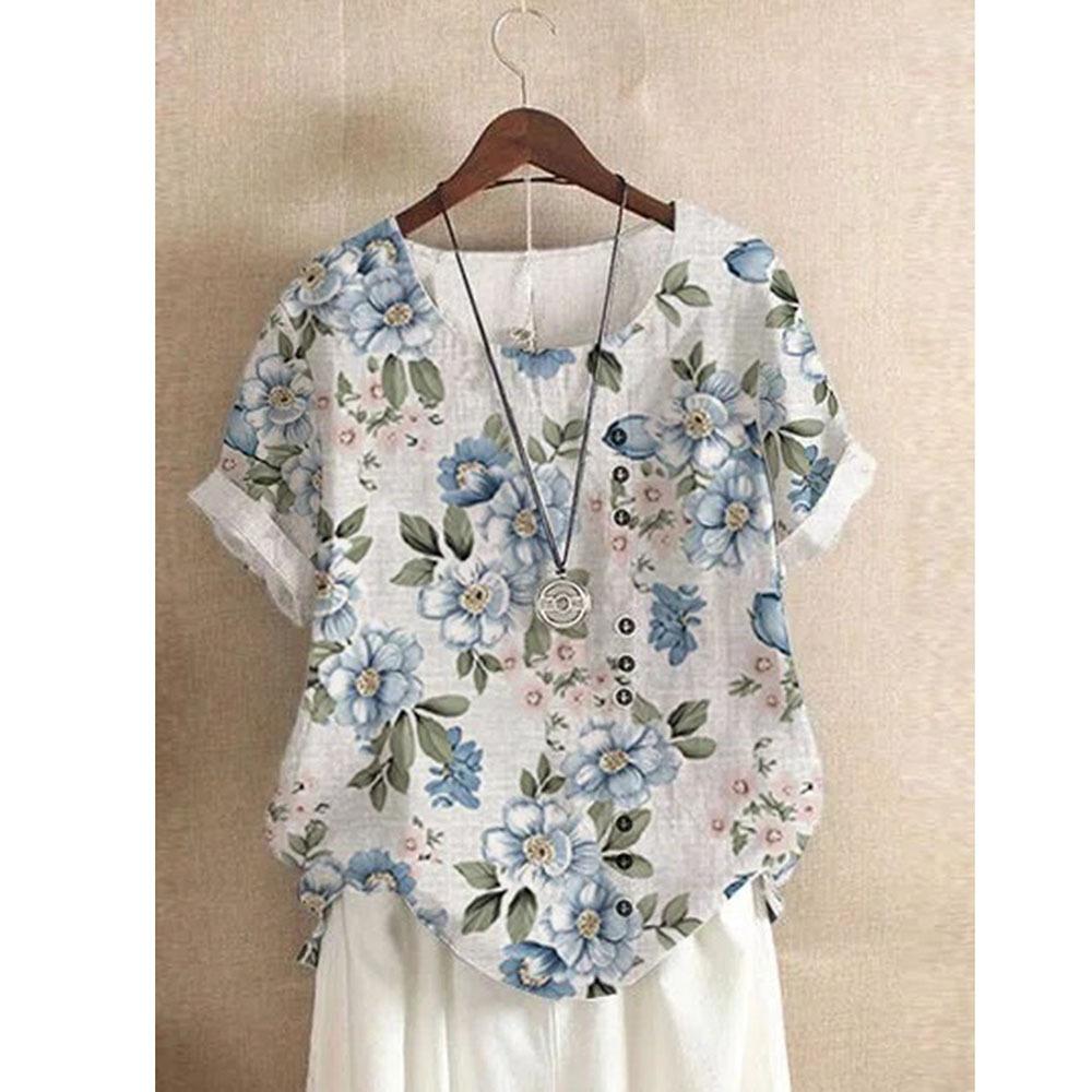 Women's Clothing Retro Printing Casual Loose Cotton and Linen Short Sleeved T-shirt Women's Clothing Large
