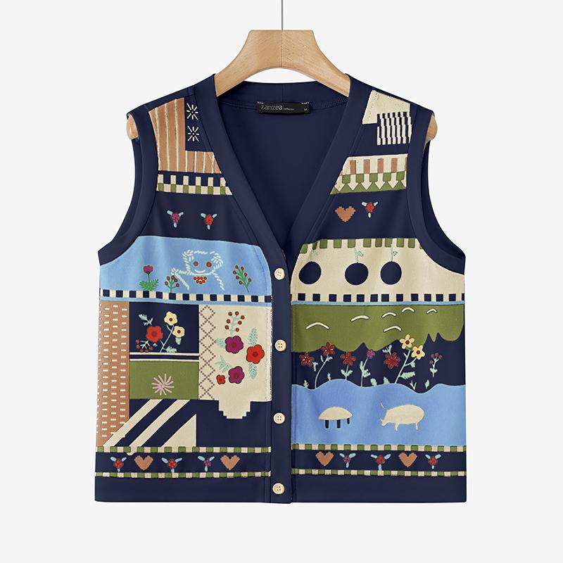 

ZANZEA Women Vintage V-neck Sleeveless Printed Vests