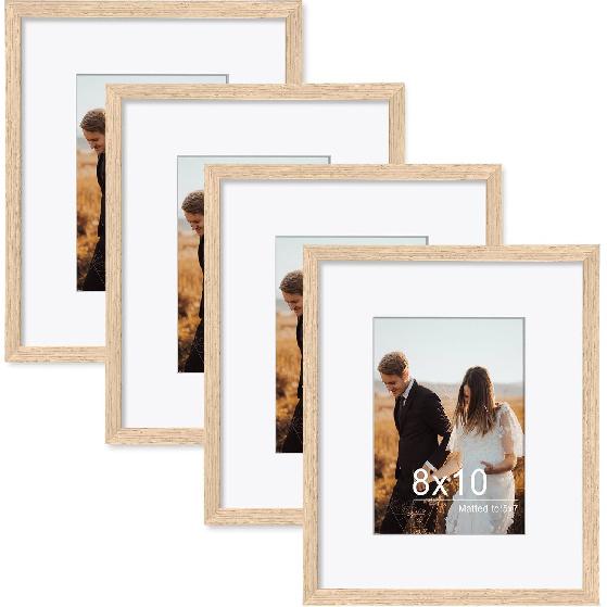 8x10 Picture Frame Set of 4 Can Display Pictures 5x7 with Mat or 8x10 without Mat,Oak Wood Picture Frames with Acrylic Plexiglass for Wall 8X10
