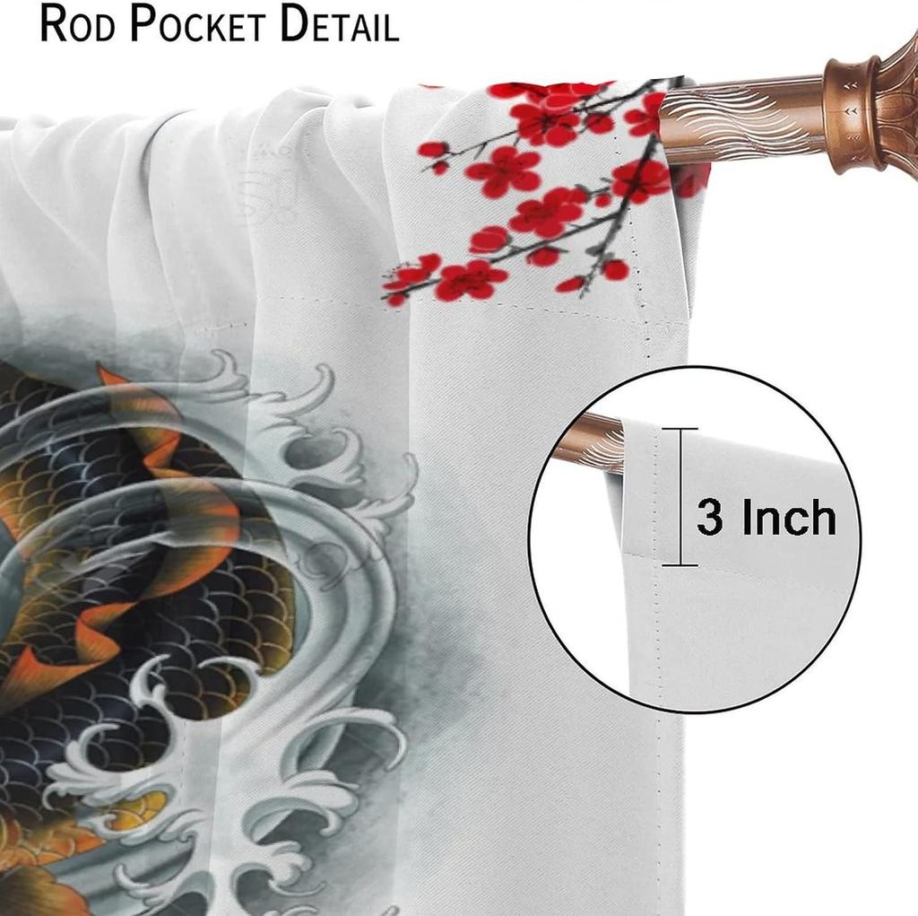 Koi Fish Curtains  Fantasy Yin Yang Japanese Big Wave Koi Cherry Blossom Room Window Curtains  42x45in Decor